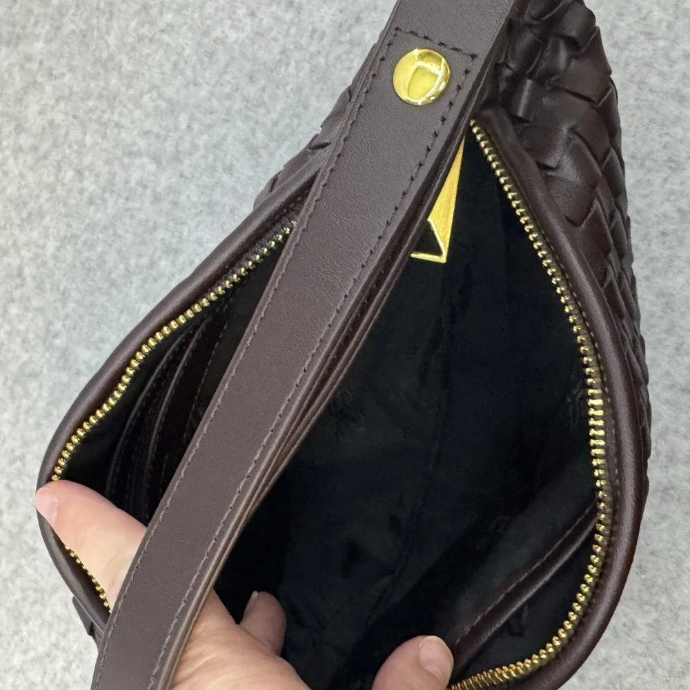 Vegan Leather Woven Hand Bag Brown Top Handle Women Shoulder Bag Adjustable - Picture 7 of 16